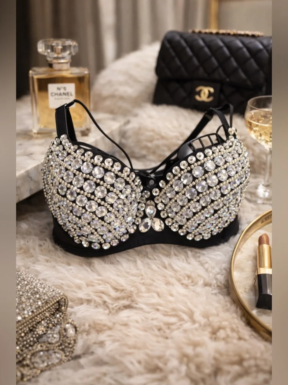 Rhinestone Crystal Bra Top Glam Black Festival Burlesque Stage 32–36 ABC - Picture 1 of 5
